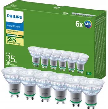 Žárovka LED žárovka GU10 1,2W = 35W 179lm/W 2700K Teplá bílá 36° TŘÍDA A PHILIPS 6 ks