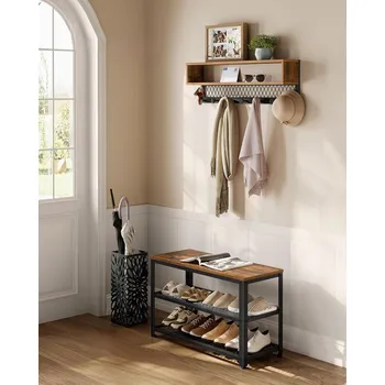 Nábytek VASAGLE Set botník a nástěnná police s háčky hnědá