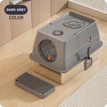 Uzavíratelná kočičí toaleta z nerezové oceli s podložkou, s lopatkou, 54 × 40 × 38 CM, Bez zápachu