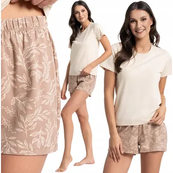 Dámské pyžamo DÁMSKÉ BAVLNĚNÉ PYŽAMO S KRÁTKÝM RUKÁVEM MORAJ POHODLNÉ BÉŽOVÉ L