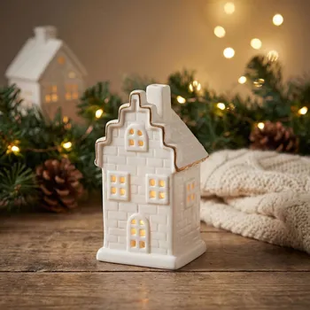 Svícen Keramický svícen domek LED ALTOM DESIGN 11 cm bílý se zlatou linií