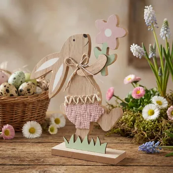 Velikonoční dekorace Velikonoční dřevěná ozdoba zajíc s květinou ALTOM DESIGN 21 cm