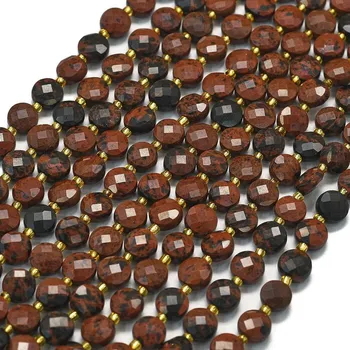 Drahý kámen Obsidián mahagonový, penízky fasetované, 6x4 mm, půlšňůra 19 cm (cca 25 korálků)