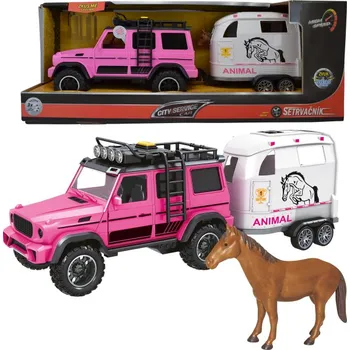 autíčko CITY SERVICE CAR - 1:14 - Růžové terénní vozidlo s přívěsem a koněm (se zvukem a světly)