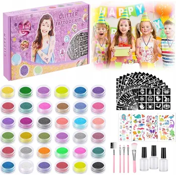 Tetování BROKÁTOVÉ TETOVÁNÍ PRO DĚTI OMYVATELNÉ ŠABLONY 36 BAREV