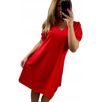 Dámské šaty V657 ŠATY KRÁTKÝ RUKÁV HLADKÝ VÝSTŘIH V-NECK ČERVENÁ vel. 50 (5XL)