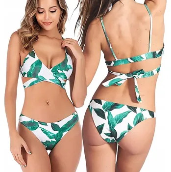Dámské plavky DVOUDÍLNÉ BIKINY PLAVKY SE VZOREM LISTŮ MONSTERY, VELIKOST M, ZAVAZOVACÍ, MODELUJÍCÍ