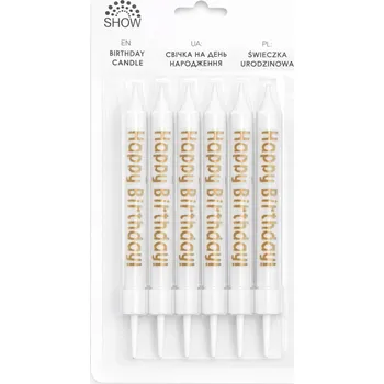 Dortová svíčka Narozeninové svíčky bílé se zlatým nápisem Happy Birthday – SHOW