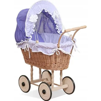 Kočárek pro panenku Vysoký proutěný kočárek pro panenky s fialovým povlečením a výstelkou NATALIA