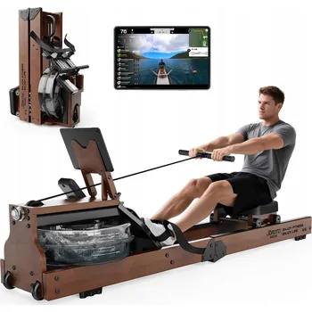 Kardio stroj Domácí veslovací trenažér s vodním odporem, dubový JOROTO MR280, skládací, s Bluetooth