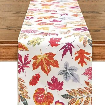 ubrus Běhoun na stůl imitace lnu 33x183 cm Podzimní listí bílé barvy