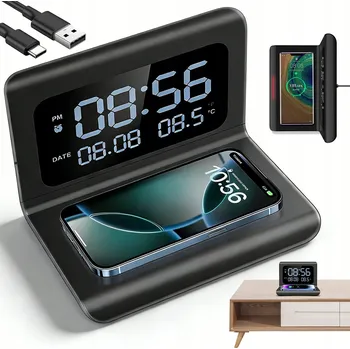 Budík BUDÍK S INDUKČNÍ NABÍJEČKOU Qi, TEPLOMĚREM, ALARMY, DATUM A LED DISPLEJEM - ČERNÝ