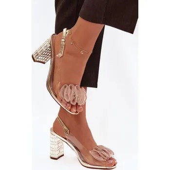 Dámské sandále S.Barski Sandály na podpatku s krystaly D&A MR52-237 Barva: Zlatá, Velikost: 38