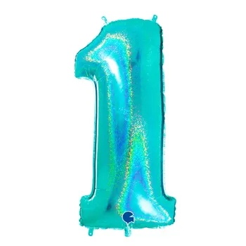 Balónek Nafukovací balónek číslo 1 tyrkys holografický 102 cm - Grabo