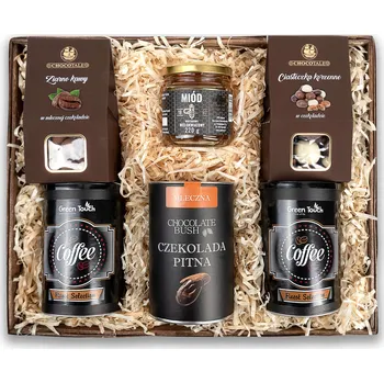 Dárkový potravinový koš VELKÝ DÁRKOVÝ KOŠ sada káv, čokolád a medu