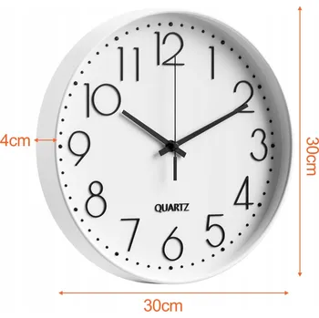 Hodiny ZEGAR ŚCIENNY DUŻY KULATÝ BEZHLUČNÉ BÍLÉ ČITELNÉ NA ZEĎ TEKOUCÍ 30 cm