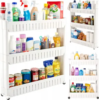 regál Koupelnová police RETOO volně stojící bílá se 3 policemi na kolečkách matná