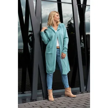 Dámský svetr Dlouhý rovný kardigan s kapucí Amaral Barva: Mátová, Velikost: ONE SIZE