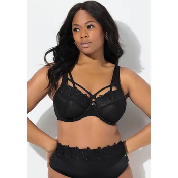 Podprsenka Ulla Popken, Plus size Podprsenka s kosticemi, transparentní krajka, ozdobné stuhy, košíčky C-F pro plnoštíhlé nadměrná velikost, 832800100-1092, černý, 95C, Nadměrné velikosti, Plus size oblečení, Oblečení pro boubelky, Oblečení pro baculky, Oblečení pro