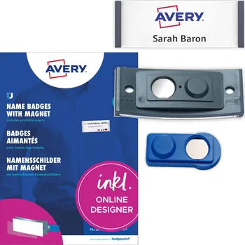 Speciální papír Avery Zweckform POL30MA02-10DR Magnetické jmenovky 70x30 mm, 10 ks + 36 ks štítků + online software pro tisk jmenovek + tisková šablona ke stažení zdarma