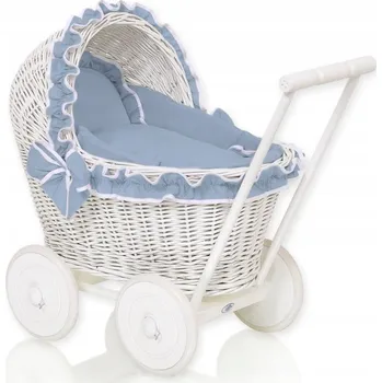 Kočárek pro panenku Proutěný kočárek pro panenky odrážedlo bílý s lůžkovinami špinavě modré