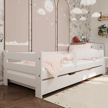 Dětská postel Dětská postel Bílá 180x80 cm Oli se zásuvkou, zábranou a roštem, dřevo