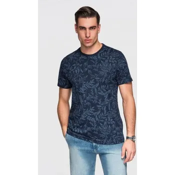 Pánská móda Ombre Clothing Tmavě modré pánské tričko s květinovým potiskem V4 TSPT-0262