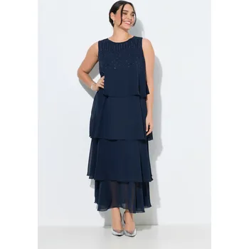 Dámské šaty Ulla Popken, Plus size Šifonové maxi šaty, volánky, lodičkový výstřih, bez rukávů pro plnoštíhlé nadměrná velikost, 835972130-1132, modrý, 58/60, Nadměrné velikosti, Plus size oblečení, Oblečení pro boubelky, Oblečení pro baculky, Oblečení pro plnoštíhlé,
