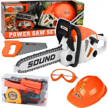 Dětská dílna Dětská sada nářadí s motorovou pilou, přilbou a brýlemi se zvuky