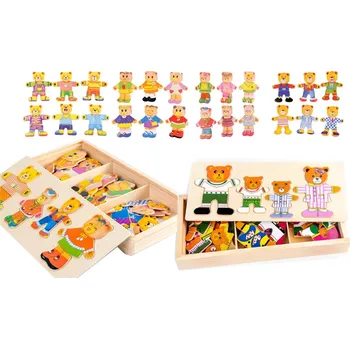 Dřevěná hračka Dřevěná skládačka – oblékání medvídků