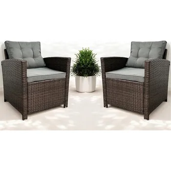 Zahradní stůl Sada dvou zahradních křesel z technoratanu SFS020-SC - tmavě hnědá + šedé polštáře