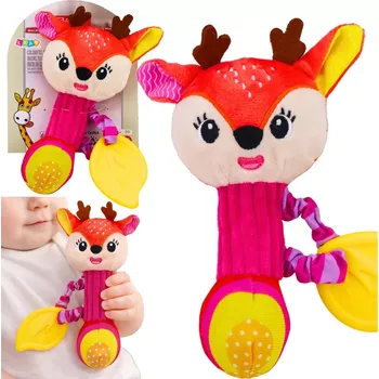 Hračka pro kojence Plyšová chrastítko jelínek s kousátkem a pískátkem pro miminka