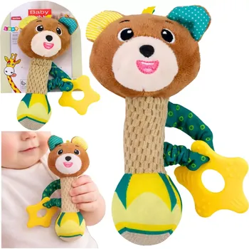 Hračka pro kojence Plyšová chrastítko medvídek s kousátkem a pískátkem pro miminka