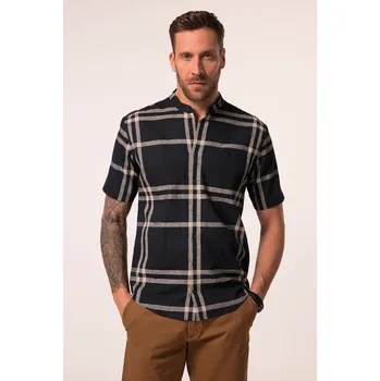 Pánská košile JP1880, Plus size Kostkovaná košile JP1880, lněná směs, krátké rukávy, stojáček, Modern střih, do 8XL pro plnoštíhlé nadměrná velikost, 837837130-1460, modrý, XXL, Plus size oblečení, Oblečení pro vysoké muže, Nadměrné velikosti, Oblečení pro plnoštíhlé.
