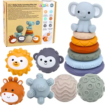 Hračka Senzorická sada pro miminka 3v1 – gumové míčky, kostky a stohovací věž