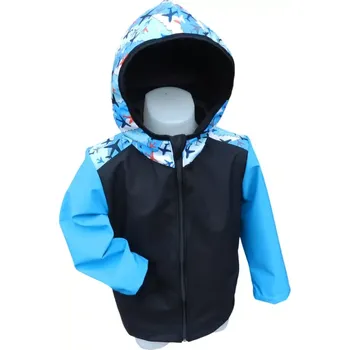 Chlapecká bunda Dětská softshellová bunda s fleecem, Letadla, černá s modrými rukávy (Dětská softshellová bunda s kapucí – větruodolná a voděodolná bunda pro kluky i holky)