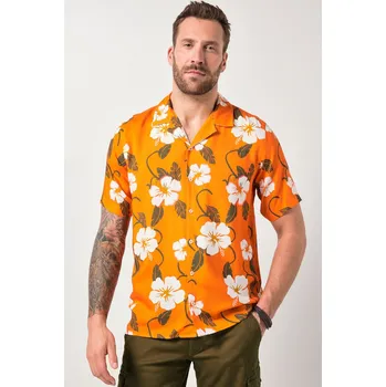 Pánská košile JP1880, Plus size Košile JP1880, krátké rukávy, Cuba límeček, viskóza, plošný potisk, Cuba střih, do 8XL pro plnoštíhlé nadměrná velikost, 846725650-1460, oranžový, XXL, Plus size oblečení, Oblečení pro vysoké muže, Nadměrné velikosti, Oblečení pro plnošt