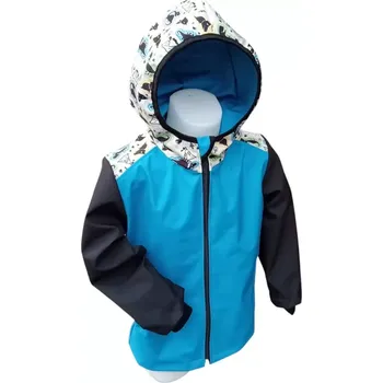 Chlapecká bunda Dětská letní softshellová bunda bez zateplení, Dinosauři, modrá s černými rukávy (Chlapecká lehká softshellová bunda s kapucí pro děti | Letní funkční bunda s kapucí | lehká, prodyšná a voděodolná)