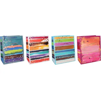 Dárková taška M 26 × 32 × 10 cm – celoroční, barevné pruhy a zlaté akcenty