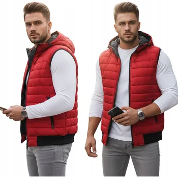 Pánská vesta Prošívaná pánská vesta bunda bez rukávů s kapucí červená TX4265 - XXL
