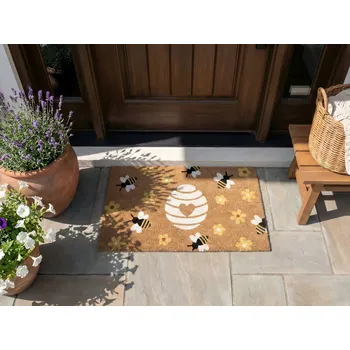 Rohožka z přírodního kokosu s protiskluzovou PVC spodní stranou 50 x 80 cm Dekorativní vzor včel a květin Beliani
