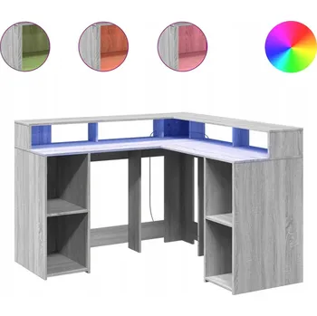 Psací stůl VidaXL Psací stůl s LED podsvícením, šedý dub sonoma, 130x130x91 cm