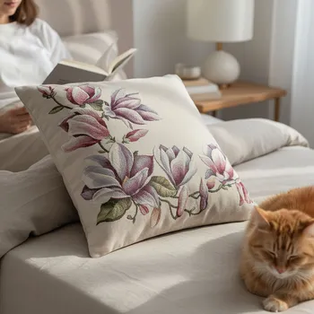 Povlak na polštářek Dekorační povlak na polštářek RETRO MAGNOLIE, fialovo-režná, 45x45cm