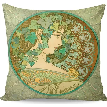 Povlak na polštářek Povlak na polštářek ALFONS MUCHA BŘEČŤAN A VAVŘÍN, zelený, 40x40cm