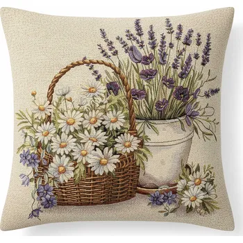 Povlak na polštářek Dekorační povlak na polštářek RETRO LEVANDULE A KOPRETINY V KOŠÍKU, béžová 45x45cm