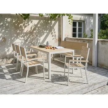 Jídelní set Zahradní jídelní sada béžová dřevo a bílý hliníkový rám stůl lavice 4 židle překližka 7 míst k sezení odolný proti rzi UV záření moderní Beliani
