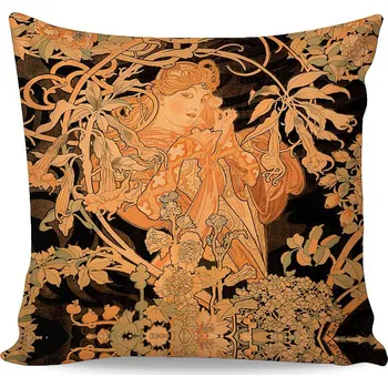 Povlak na polštářek Povlak na polštářek ALFONS MUCHA ŽENY S KVĚTINAMI, béžovo-černý, 40x40cm