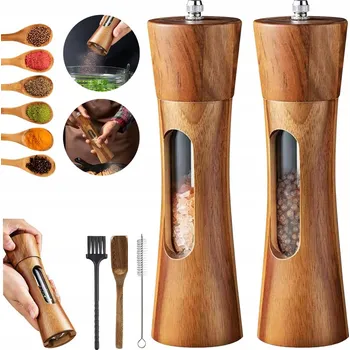 Kuchyňský mlýnek Ruční mlýnek na pepř a sůl dřevěný, nastavitelný, 2 ks