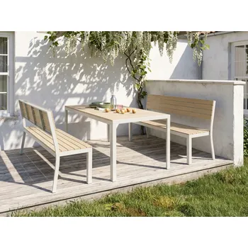 Zahradní sestava Zahradní stůl a 2 lavičky béžové dřevo a bílý hliníkový rám překližka 6 míst k sezení odolný proti rzi UV záření moderní Beliani