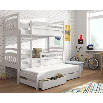 Dětská postel Dětská patrová postel z masivu borovice s přistýlkou a šuplíky ALDA - 200x90 cm - bílá